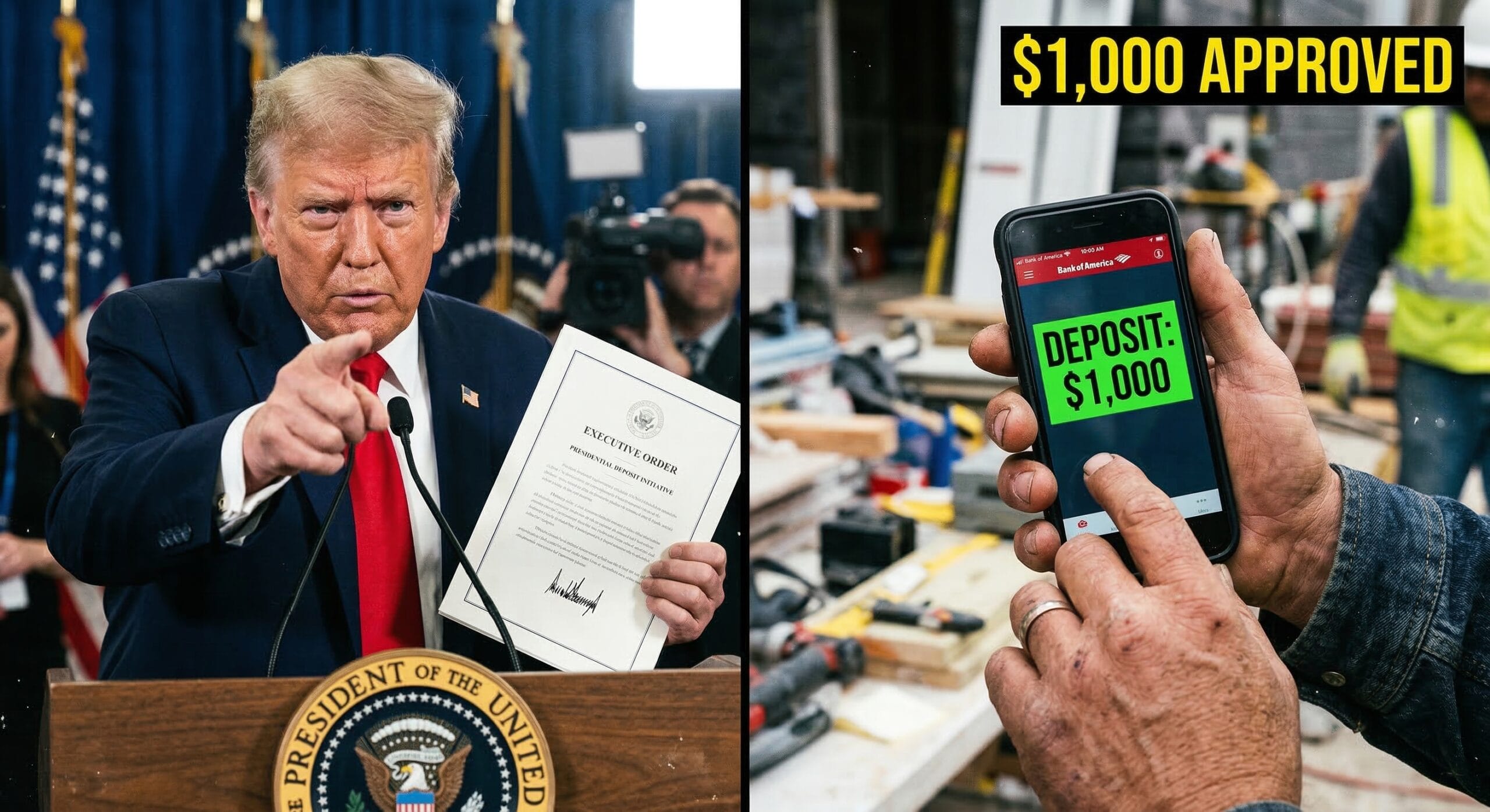 President Trump holding executive document regarding the $1,000 financial relief update for families.