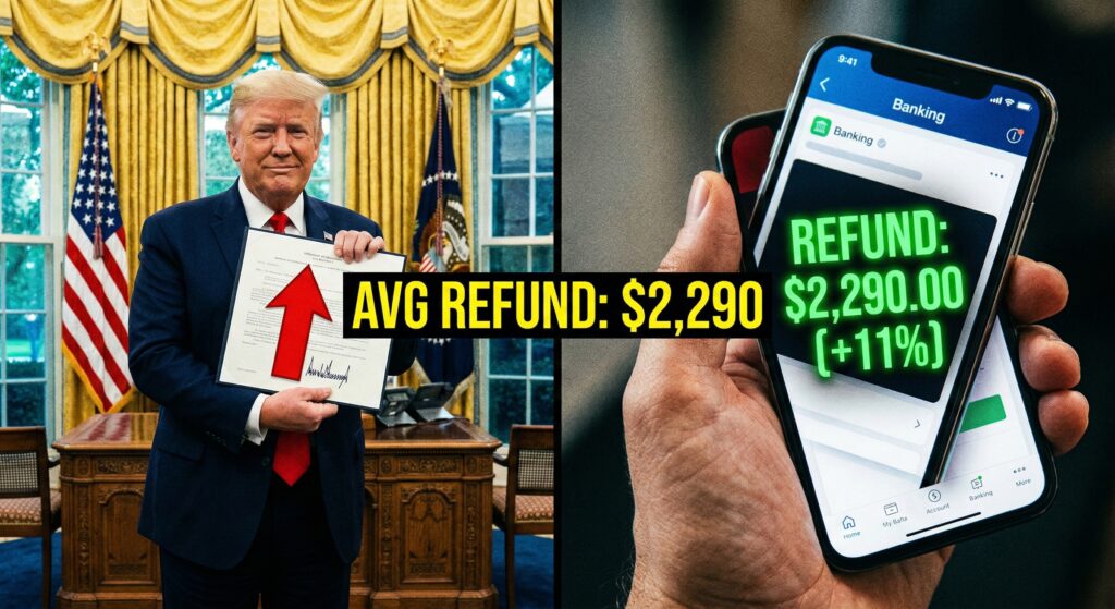 "President Trump pointing to a tax refund chart showing +11% growth, split screen with a phone showing $2,290 deposit."