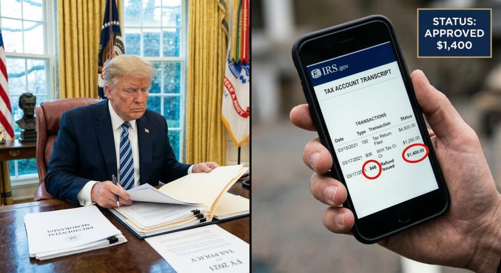 A taxpayer holding a smartphone displaying an official IRS transcript with Code 846 and a $1,400 refund highlighted, alongside President Trump reviewing financial policy documents at the Resolute Desk.