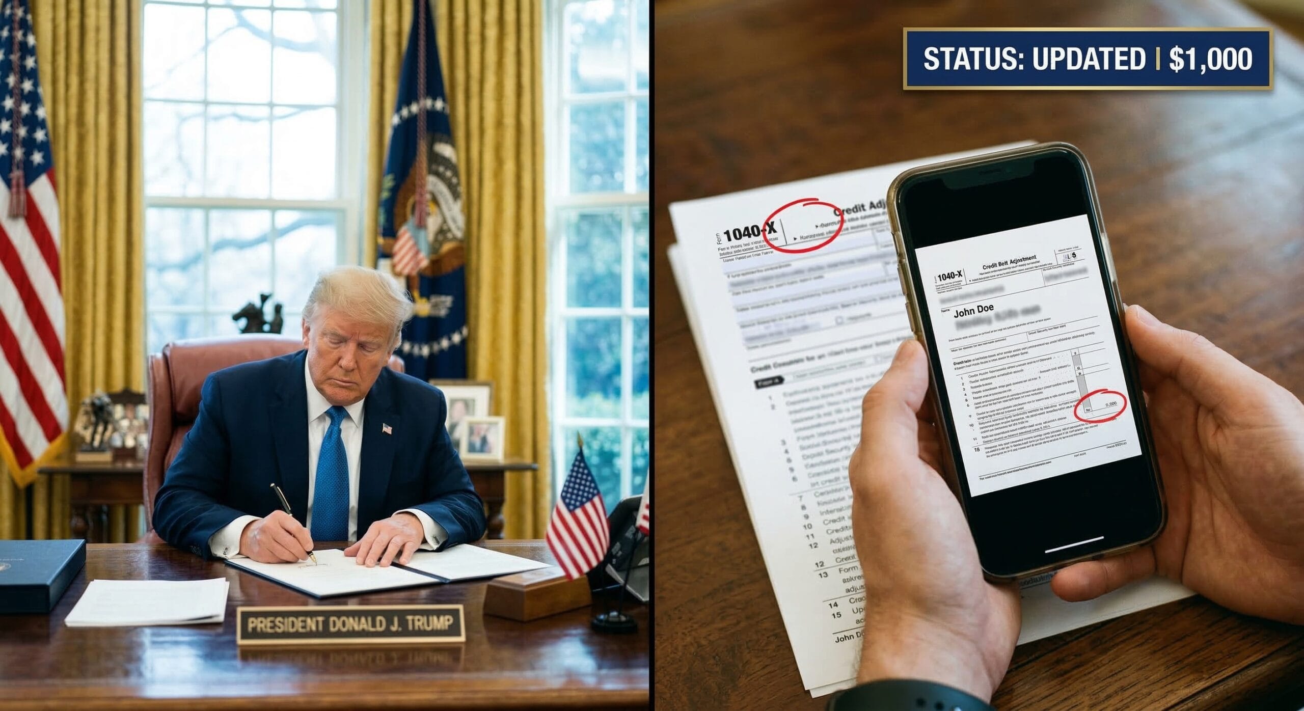 Split-screen broadcast view showing President Trump signing legislation at the Resolute Desk on the left, alongside a blurred mobile phone displaying IRS Form 1040-X with a red circle over the amended credit section on the right.