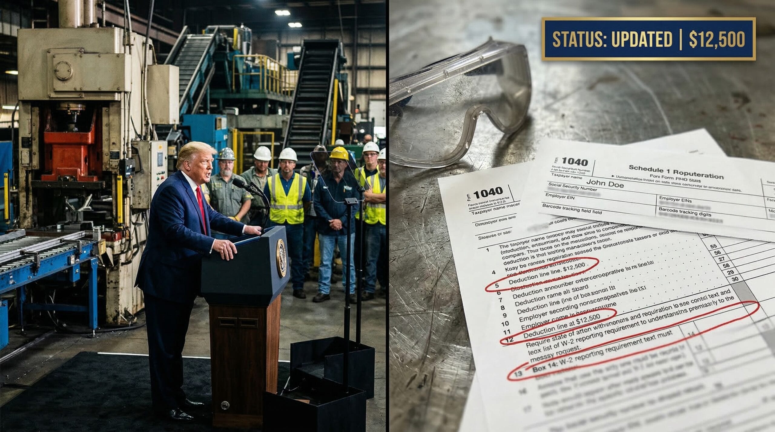 Trump administration policy briefing alongside a blurred IRS Form 1040 and a W-2 statement showing a $12,500 overtime income deduction for a Michigan autoworker.