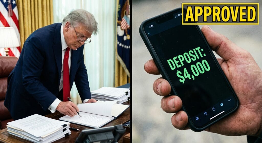 President Trump holding executive document regarding the $4,000 financial relief update.