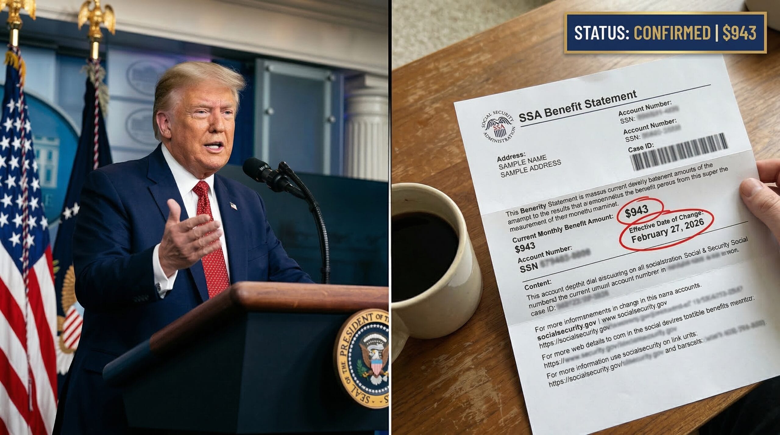 Split-screen showing Donald Trump delivering a policy address at a podium alongside a blurred official SSA benefit statement highlighting a $943 deposit date.