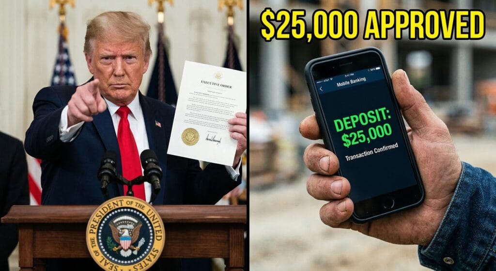 President Trump holding executive document regarding the $25,000 financial relief update.