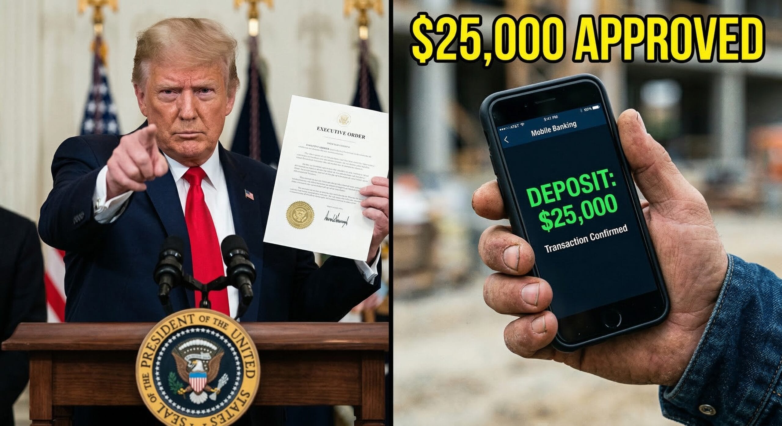 President Trump holding executive document regarding the $25,000 financial relief update.