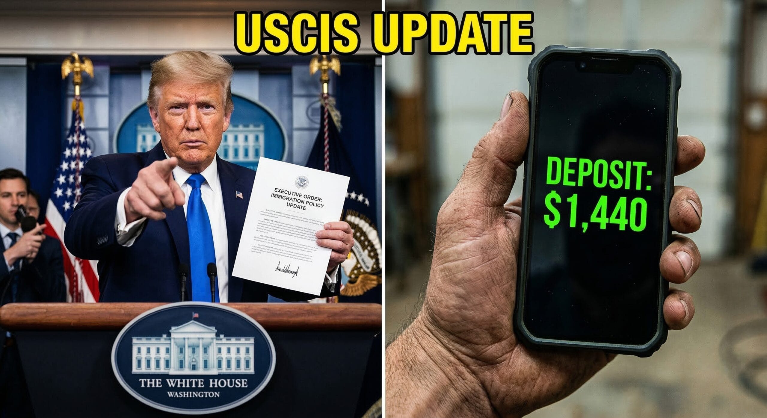 President Trump holding an executive document regarding the $1,440 USCIS fee schedule update.