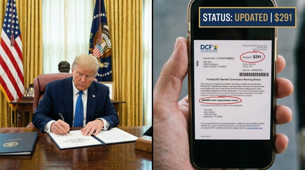 Split-screen showing President Trump at a White House policy desk paired with a handheld photo of a blurred Florida DCF SNAP compliance notice featuring a hand-drawn red circle around a $291 benefit reduction warning.