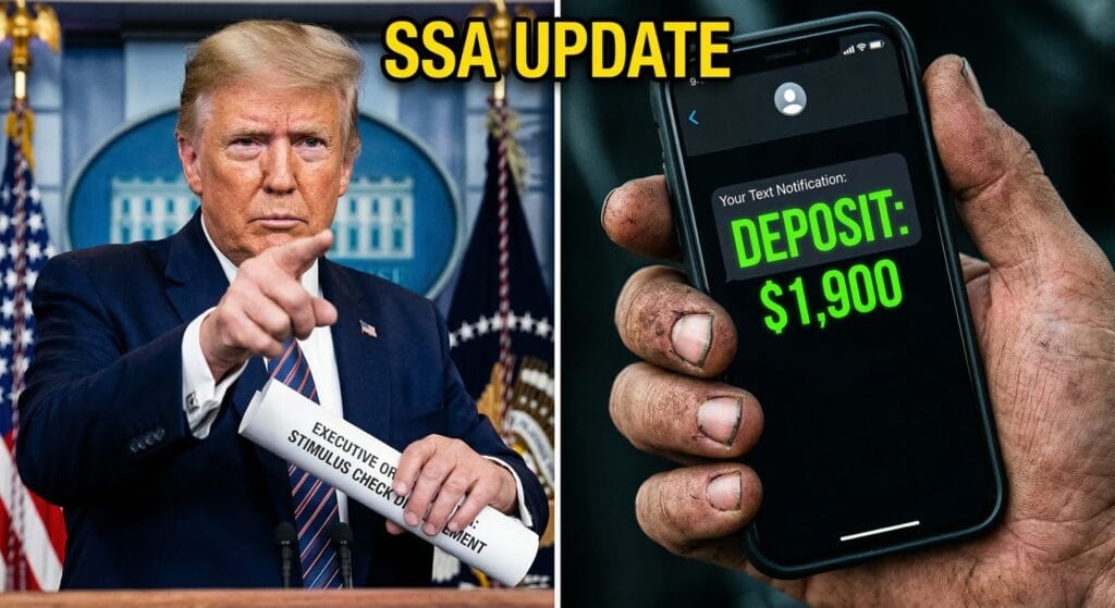 President Trump holding executive document regarding the $1,900 Social Security financial update.