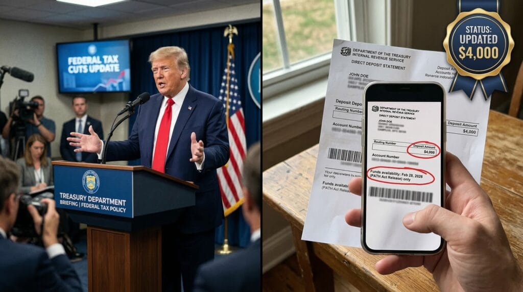 : Split-screen showing President Trump at the Treasury briefing podium paired with a handheld photo of a blurred IRS direct deposit statement featuring a red circle around a $4,000 EITC deposit.