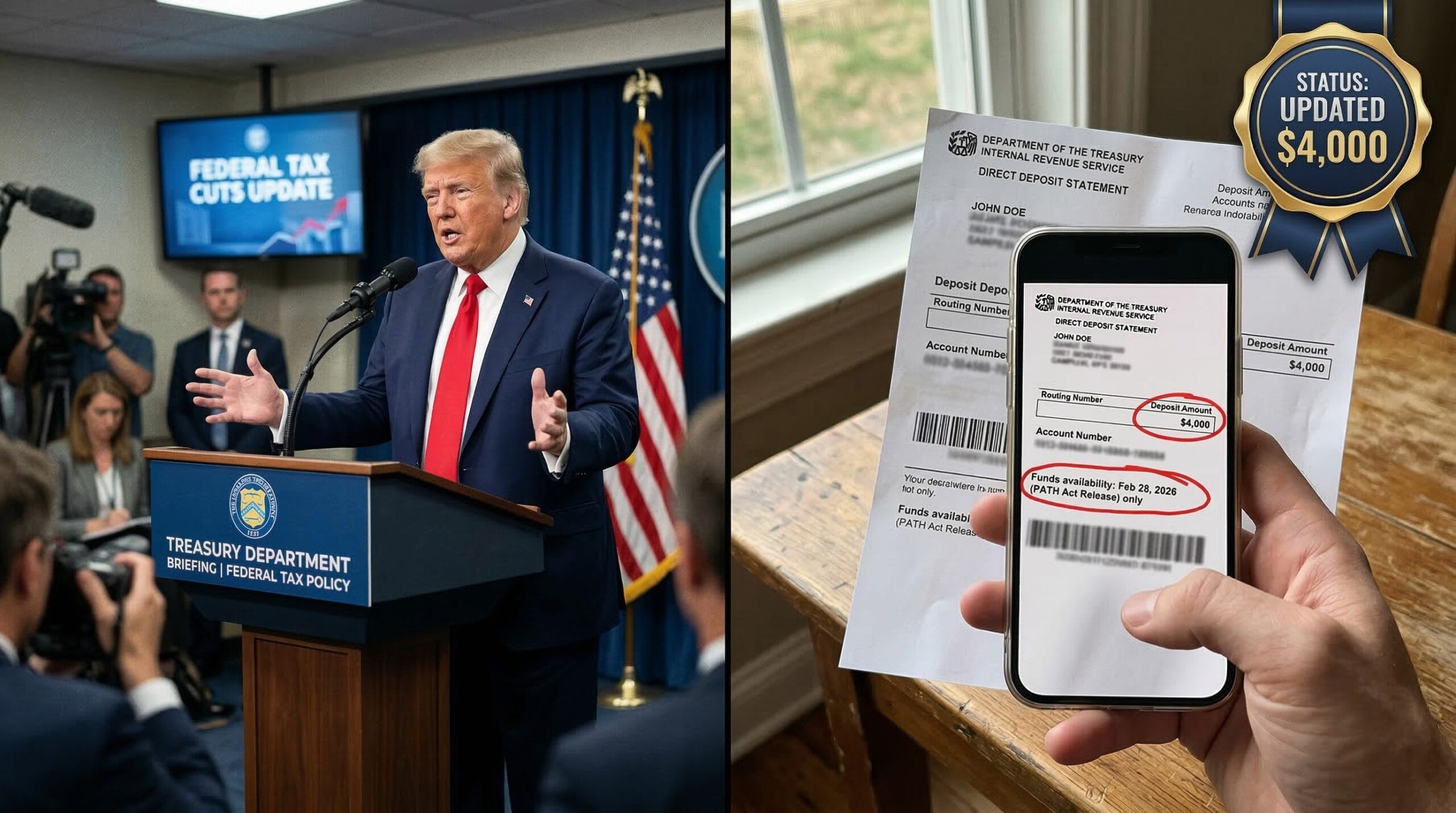: Split-screen showing President Trump at the Treasury briefing podium paired with a handheld photo of a blurred IRS direct deposit statement featuring a red circle around a $4,000 EITC deposit.