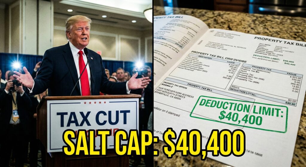 "President Trump holding a 'SALT Cap' tax chart, split screen with a suburban home and a tax bill showing -$40,400 deduction."