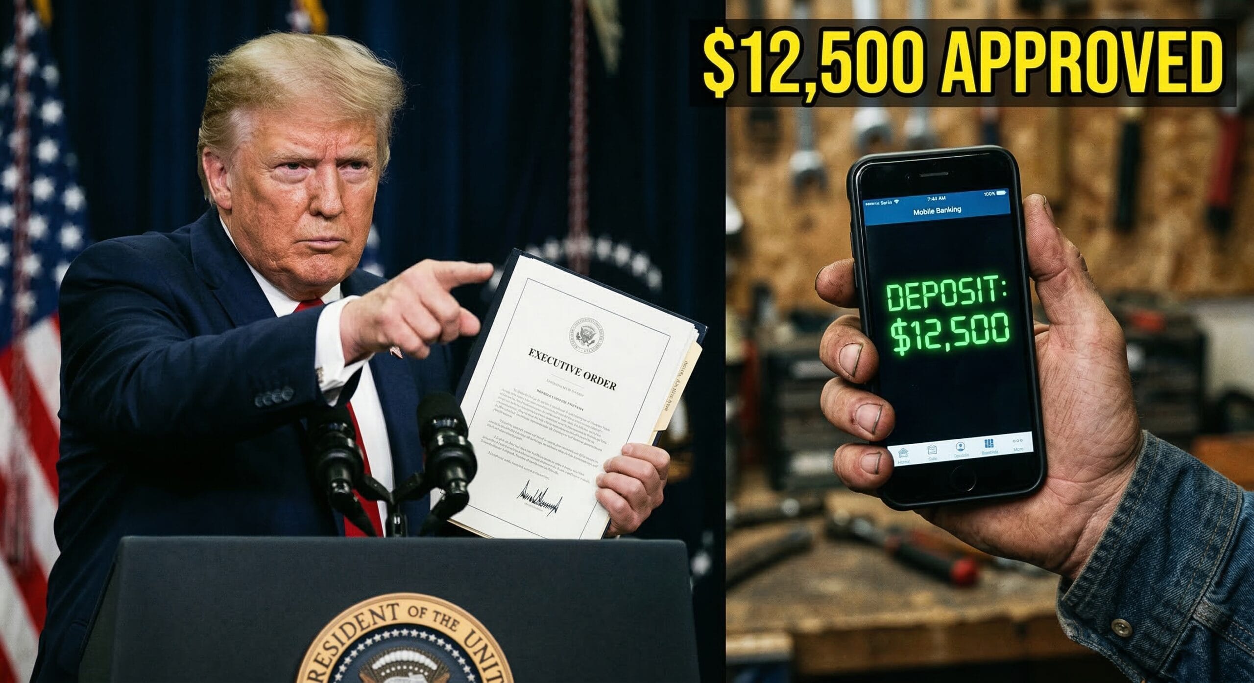 President Trump holding executive document regarding the $12,500 financial relief update.