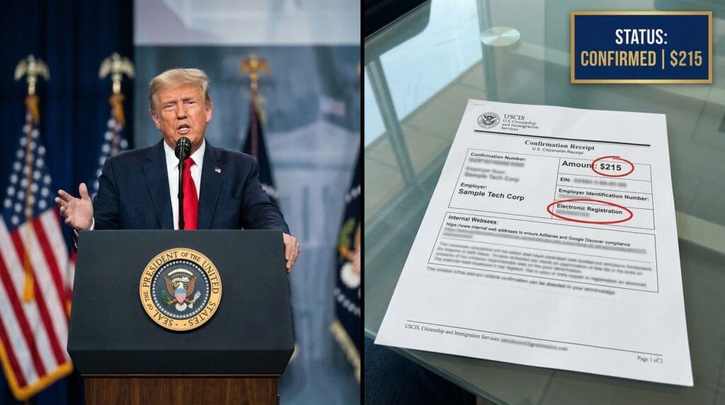 Split-screen showing Donald Trump delivering a policy address regarding domestic labor alongside a blurred USCIS electronic registration screen highlighting the $215 fee.