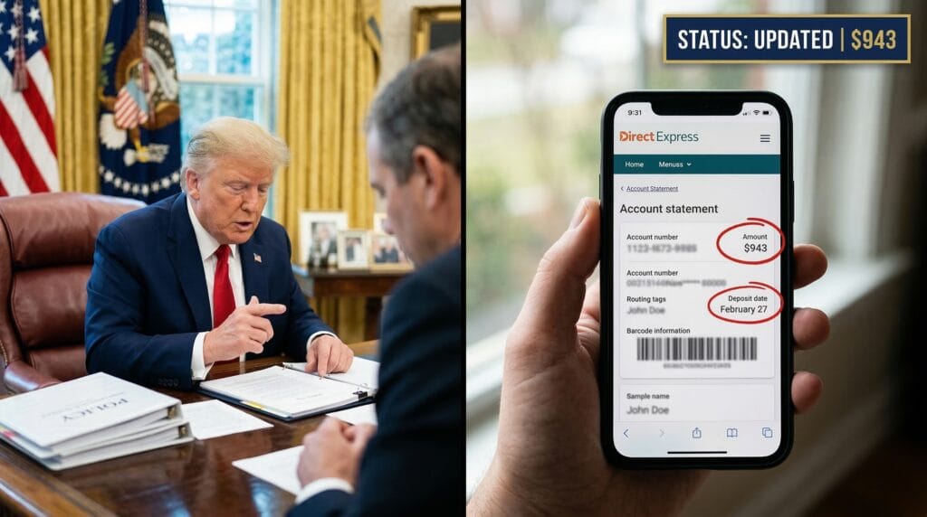 Split-screen showing President Trump at a White House policy desk paired with a handheld photo of a blurred SSA Direct Express digital statement featuring a red circle around the February 27 advanced deposit date.