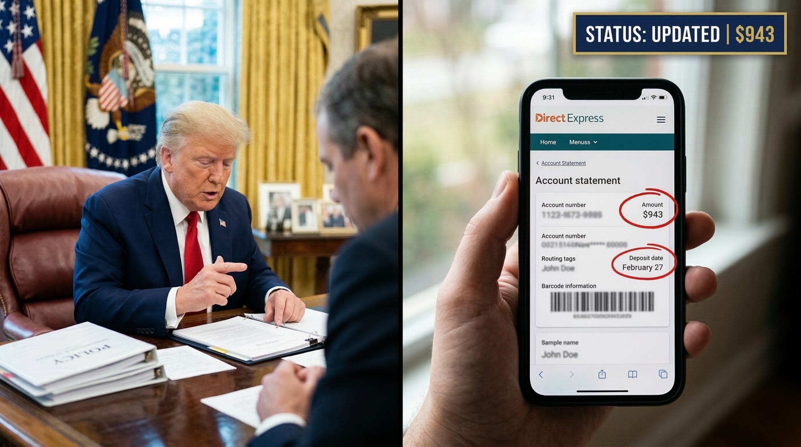 Split-screen showing President Trump at a White House policy desk paired with a handheld photo of a blurred SSA Direct Express digital statement featuring a red circle around the February 27 advanced deposit date.