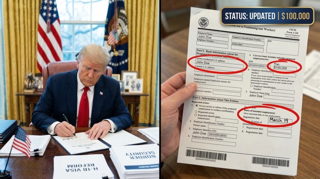 Split-screen showing President Trump at a White House policy desk paired with a handheld photo of a blurred USCIS Form I-129 featuring a red circle around a $100,000 wage declaration.