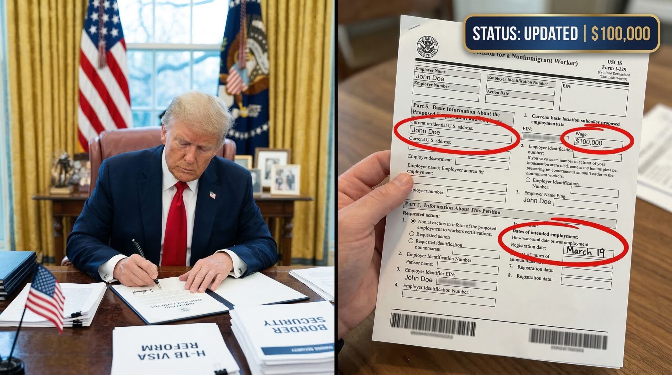 Split-screen showing President Trump at a White House policy desk paired with a handheld photo of a blurred USCIS Form I-129 featuring a red circle around a $100,000 wage declaration.