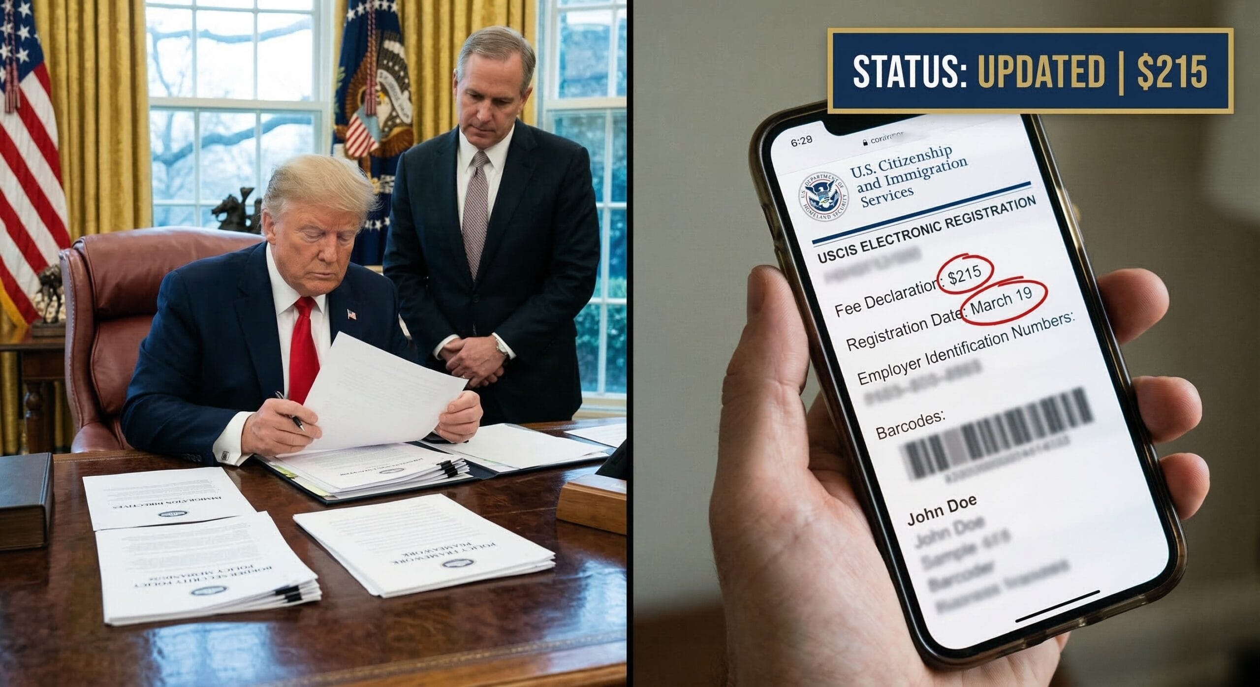 Split-screen showing President Trump at a White House policy desk paired with a handheld photo of a blurred USCIS electronic registration screen featuring a red circle around the $215 fee declaration for New York employers.