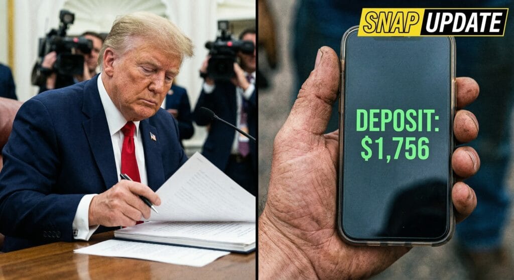 President Trump holding executive document regarding the $1,756 food assistance update.