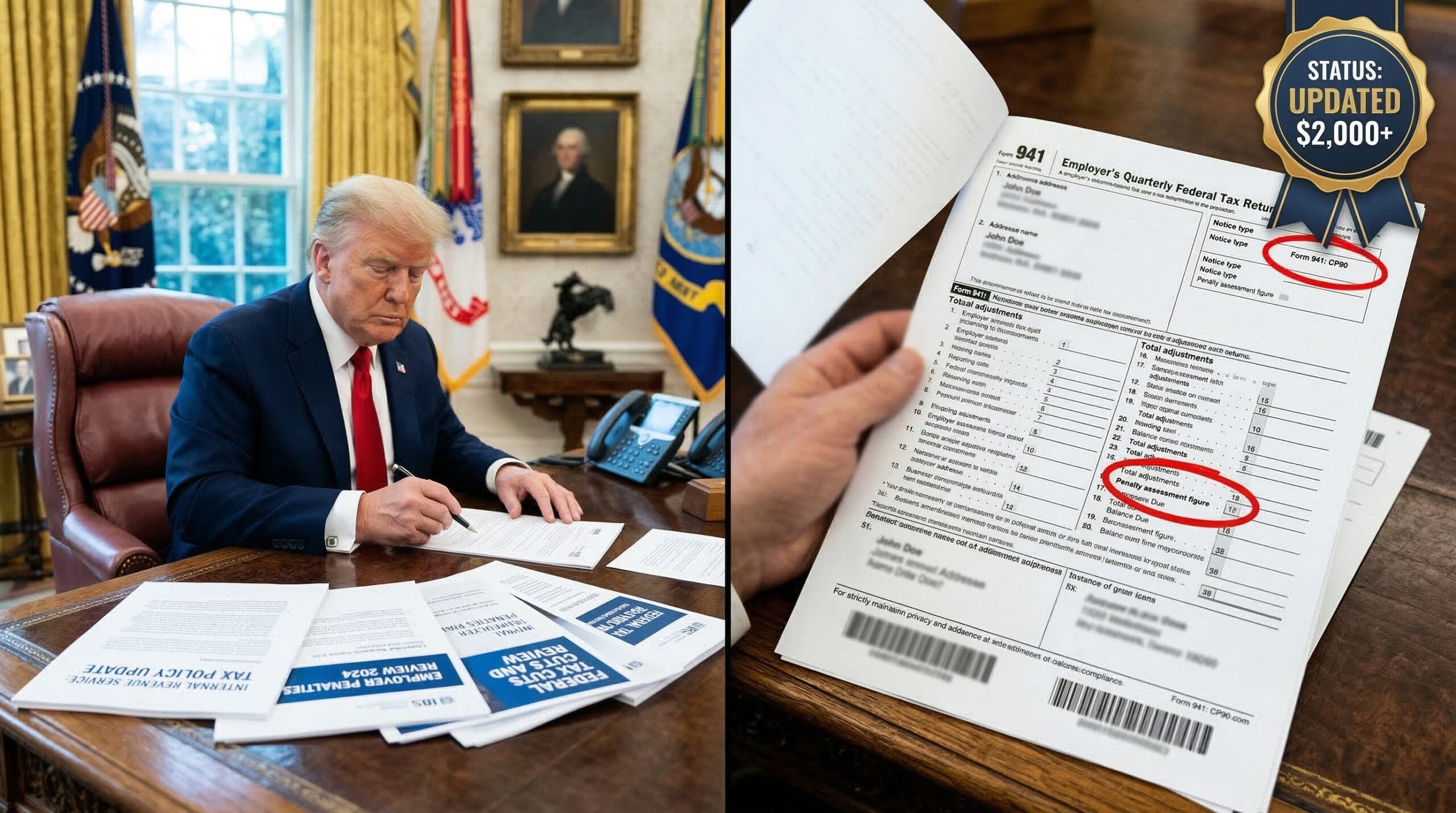 Split-screen showing President Trump at the Oval Office signing desk paired with a handheld photo of a blurred IRS Form 941 featuring a red circle around the penalty amount.