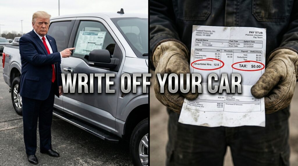 Mechanic holding paycheck with tax-free overtime highlighted next to President Trump.
