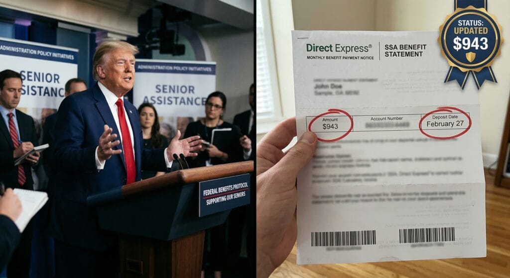 Split-screen showing President Trump at the White House briefing podium paired with a handheld photo of a blurred SSA direct deposit statement featuring a red circle around the February payment date.