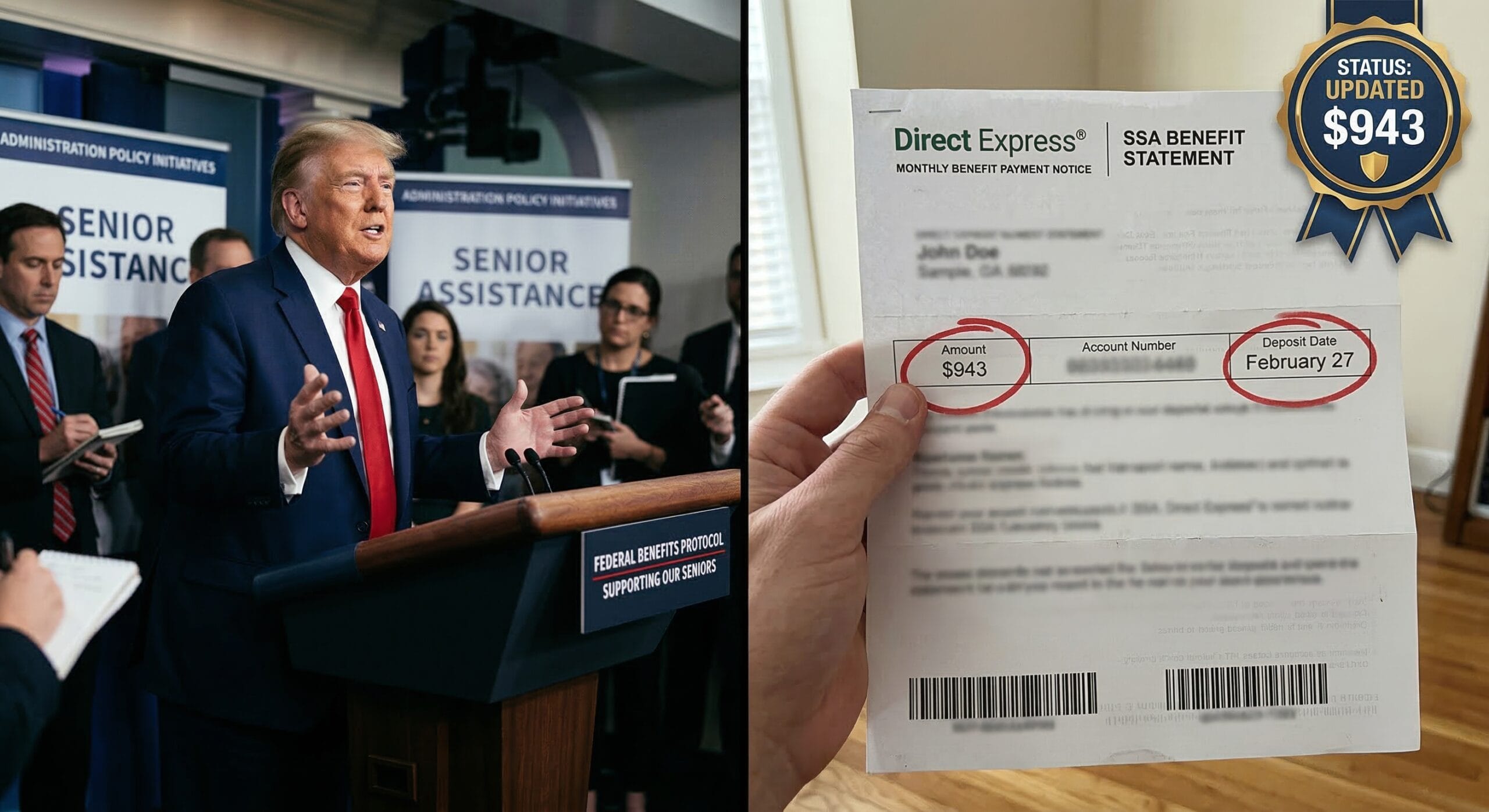 Split-screen showing President Trump at the White House briefing podium paired with a handheld photo of a blurred SSA direct deposit statement featuring a red circle around the February payment date.