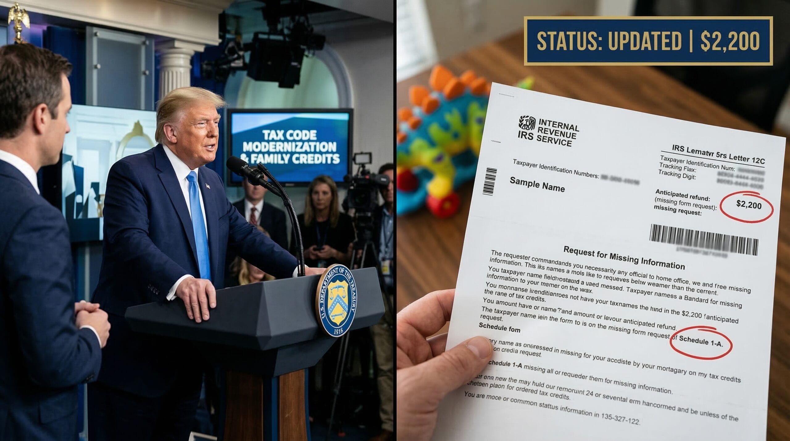 Trump administration policy briefing alongside a blurred IRS Notice CP05 showing a delayed $2,200 Child Tax Credit for a North Carolina family due to Schedule 1-A errors.