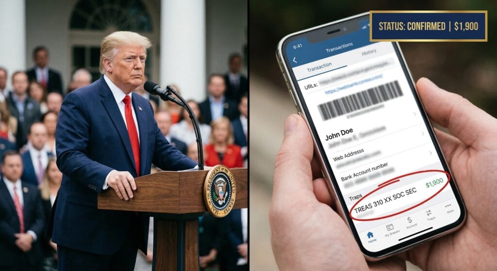 Split-screen broadcast view showing President Trump at a formal podium discussing federal entitlements on the left, next to a blurred mobile banking application displaying an incoming Treasury direct deposit with a red circle over the $1,900 amount on the right.