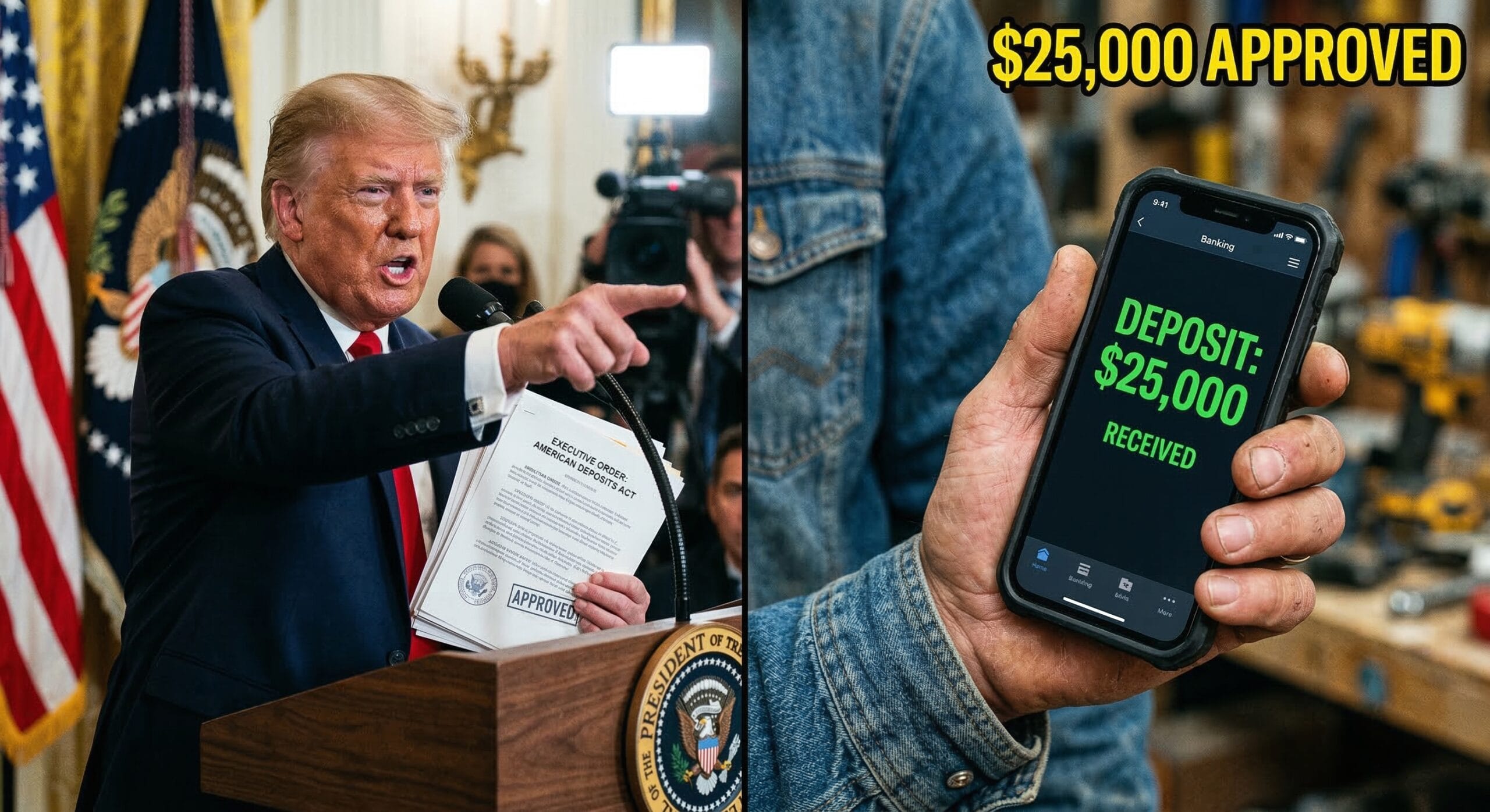 President Trump holding executive document regarding the $25,000 financial relief update.