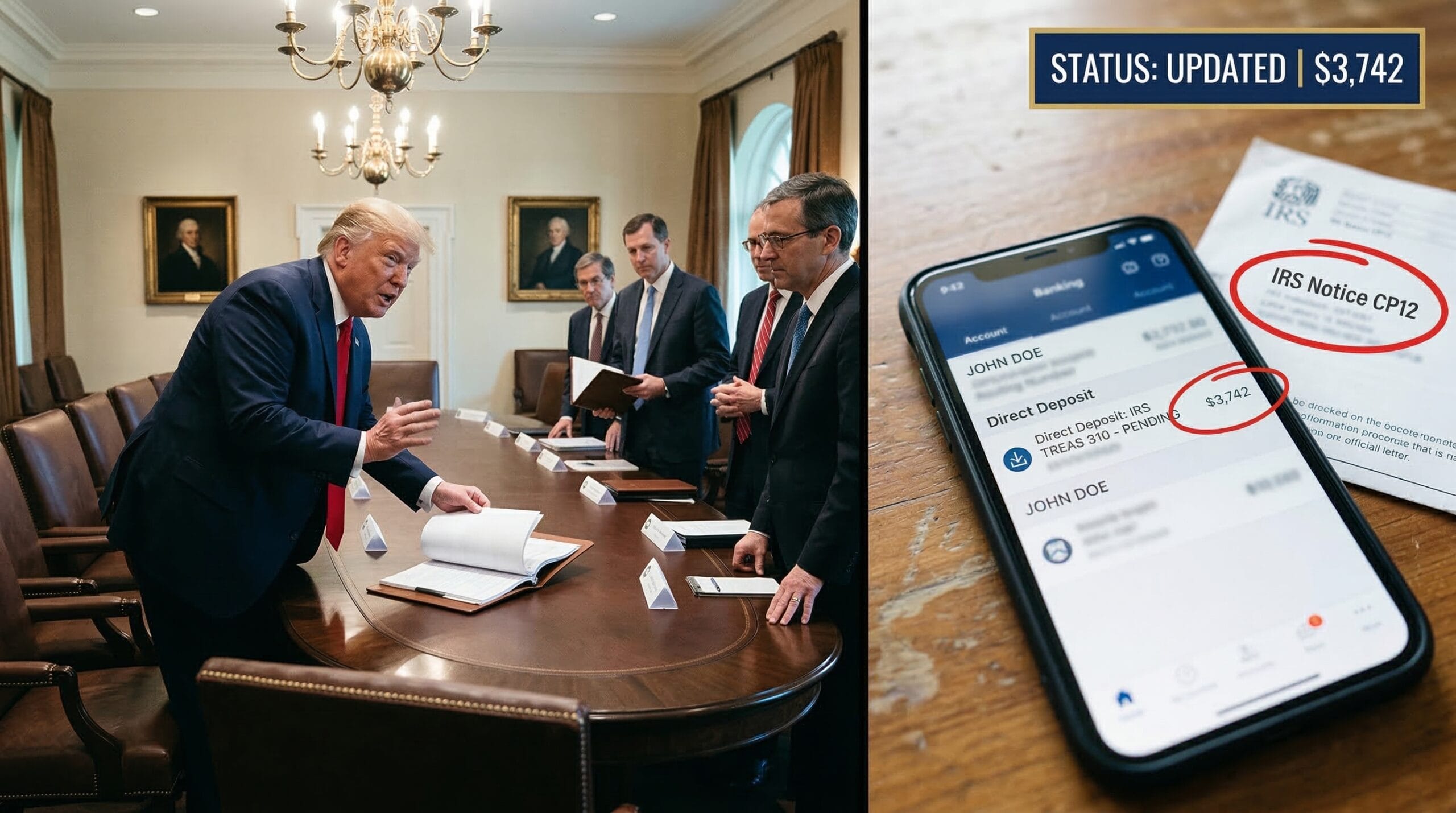 Trump administration policy briefing alongside a blurred IRS tax refund notification showing a $3,742 direct deposit for a Pennsylvania resident.