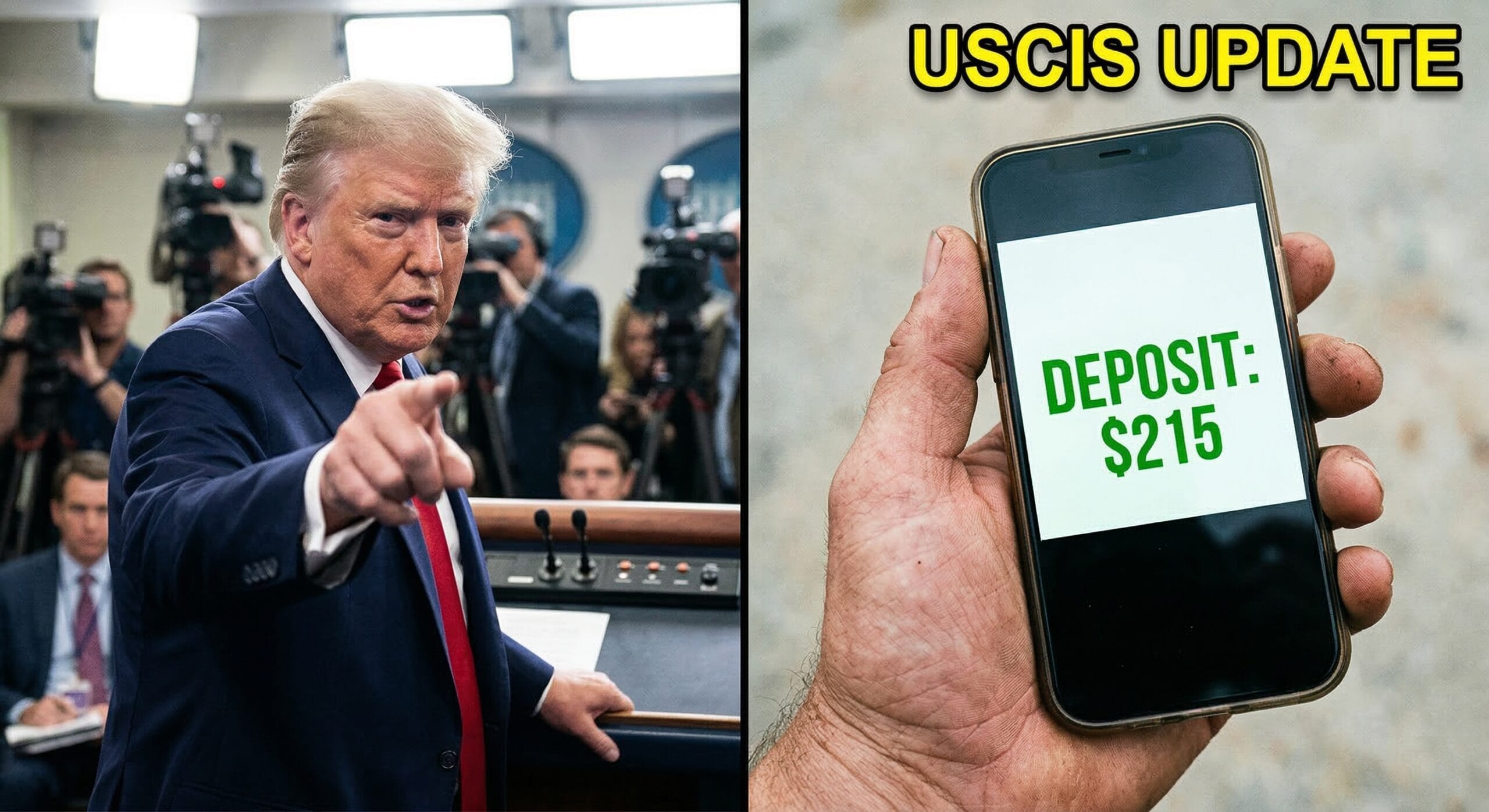 President Trump holding executive document regarding the $215 immigration processing and wage update.