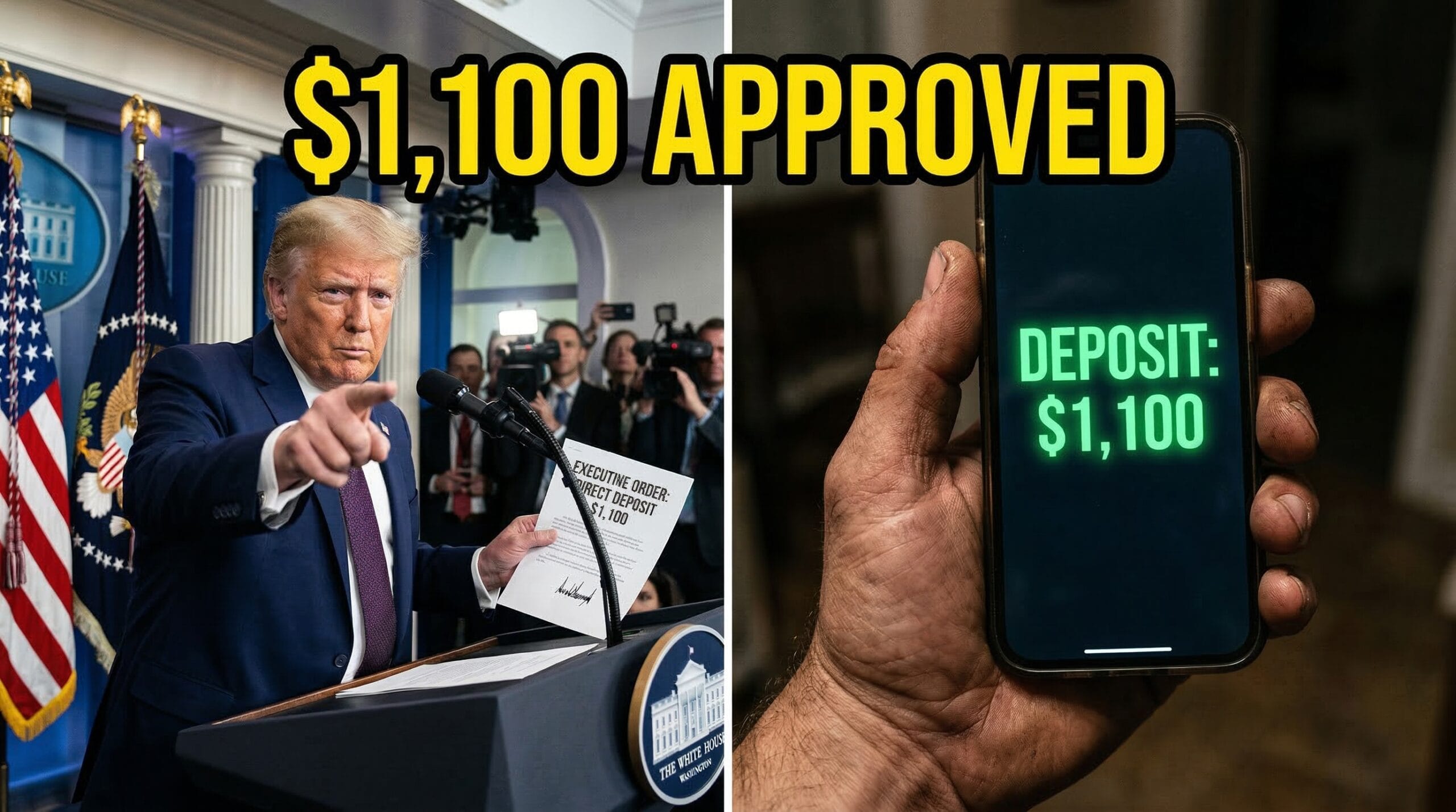 President Trump reviewing executive documents regarding the $1,100 California public aid update.