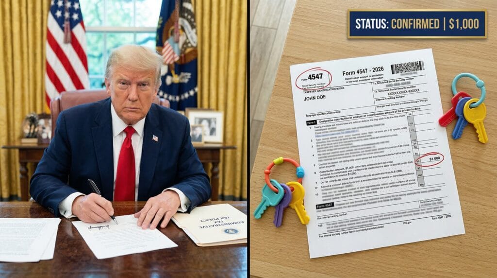 Split-screen showing Donald Trump signing an executive order at the Resolute Desk alongside a blurred IRS Form 4547 highlighting a $1,000 newborn deposit.