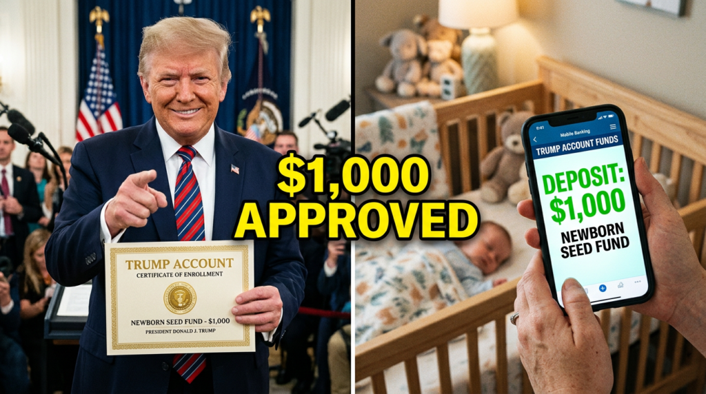 "President Trump holding executive document regarding the $1,000 financial relief update."