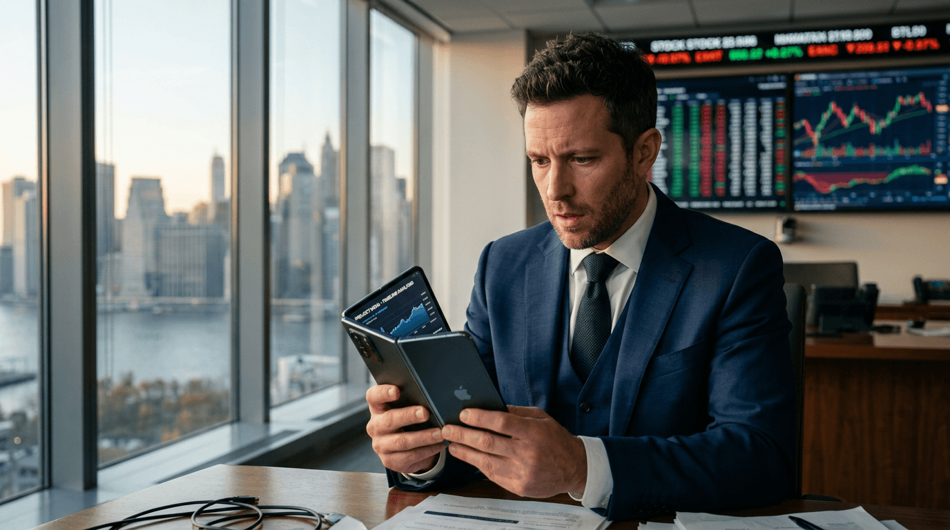 A Wall Street analyst looking shocked while reviewing data on a futuristic foldable smartphone in a modern office.