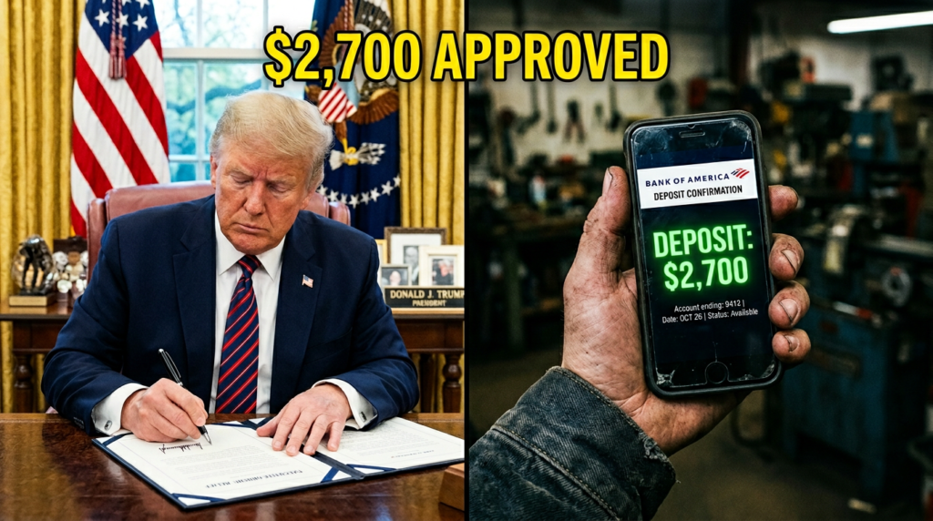 President Trump holding executive document regarding the $2,700 financial relief update for service workers.