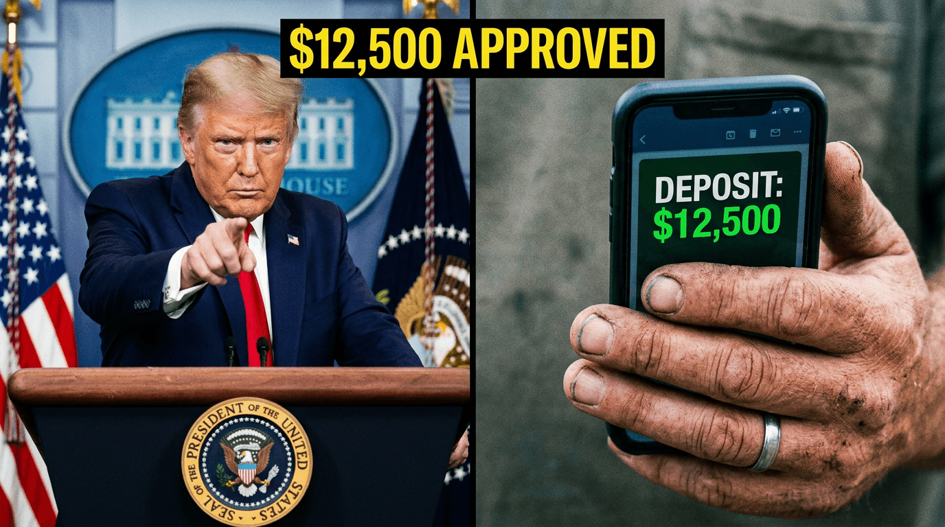 President Trump holding executive document regarding the $12,500 financial relief update for blue-collar workers.