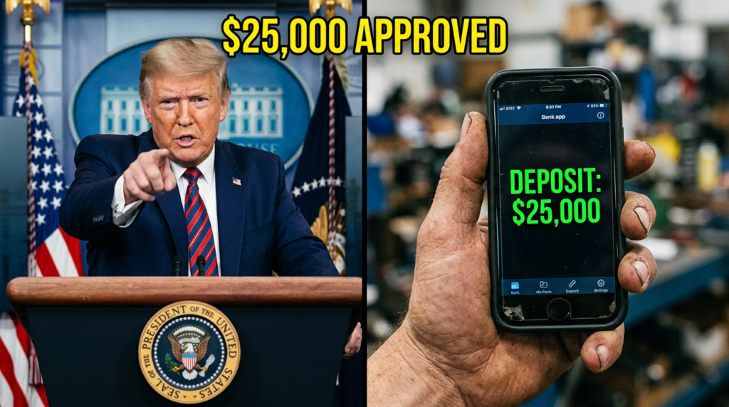 President Trump holding executive document regarding the $25,000 financial relief update.