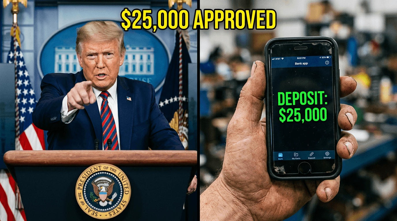 President Trump holding executive document regarding the $25,000 financial relief update.