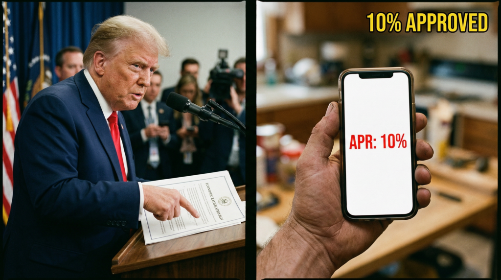President Trump holding executive document regarding the 10% banking regulation update.