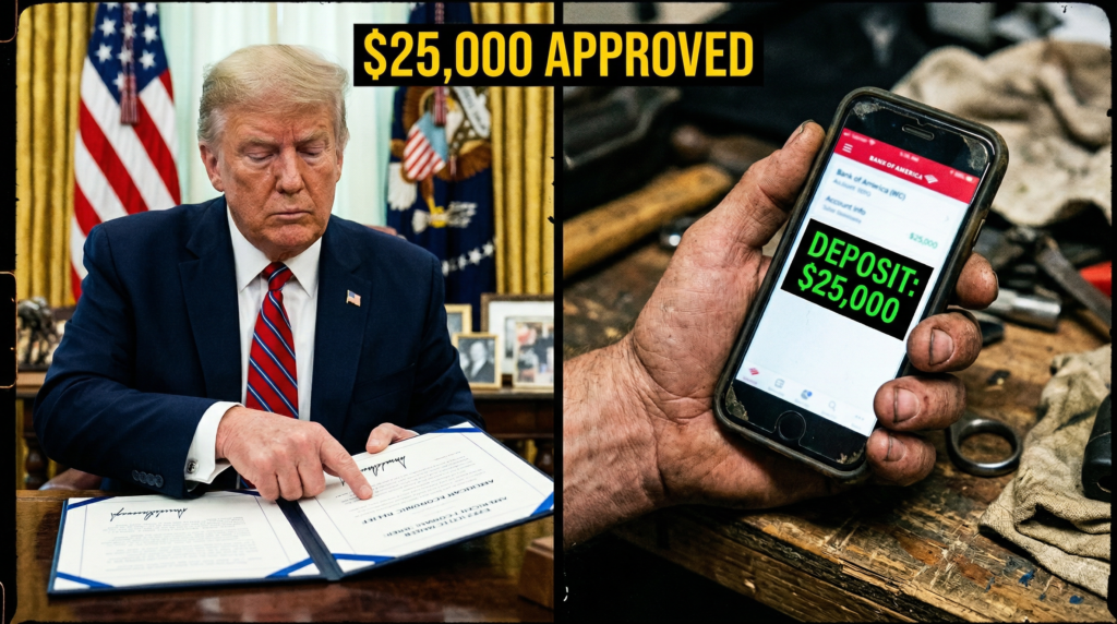 President Trump holding executive document regarding the $25,000 financial relief update.