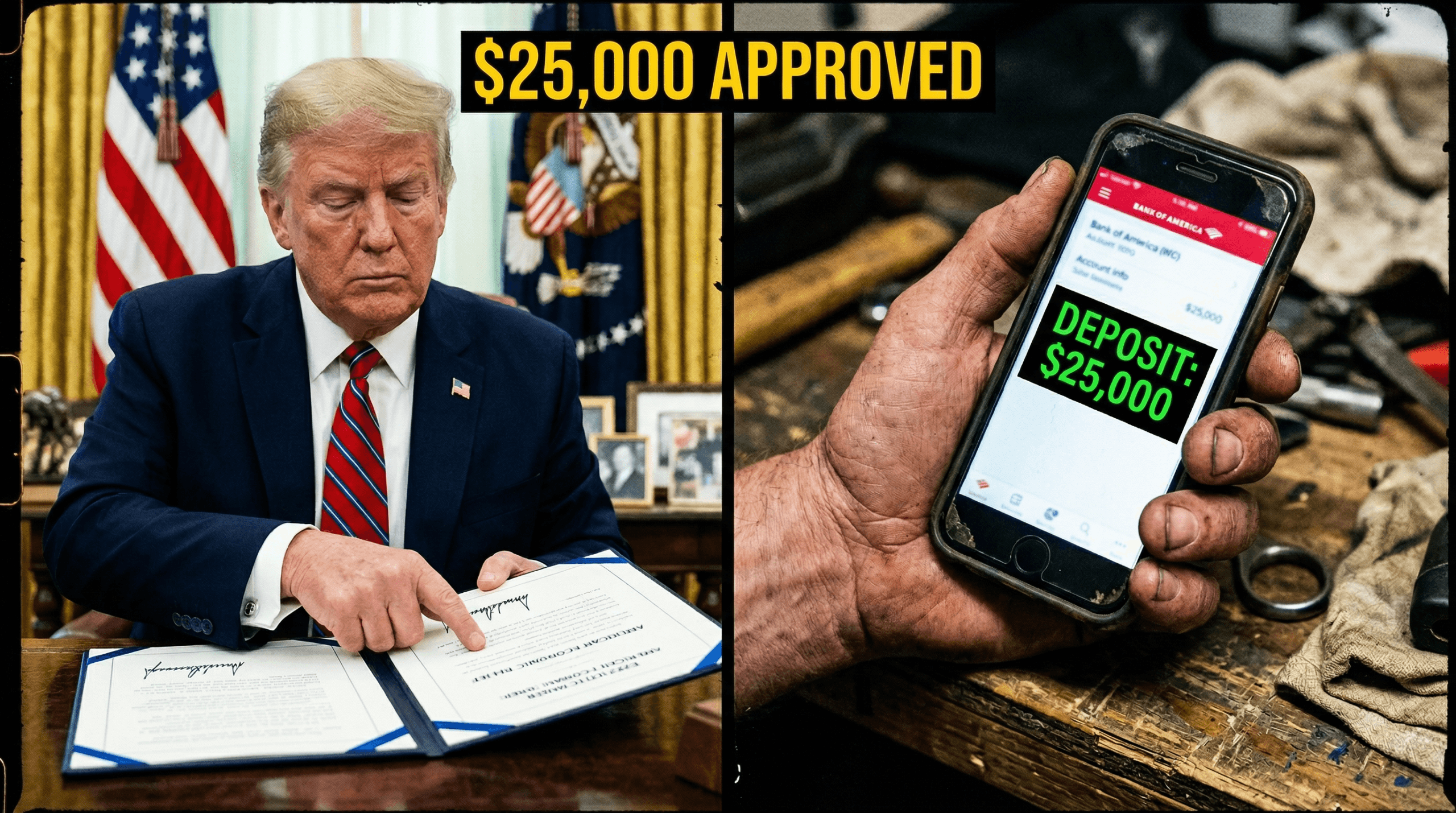 President Trump holding executive document regarding the $25,000 financial relief update.