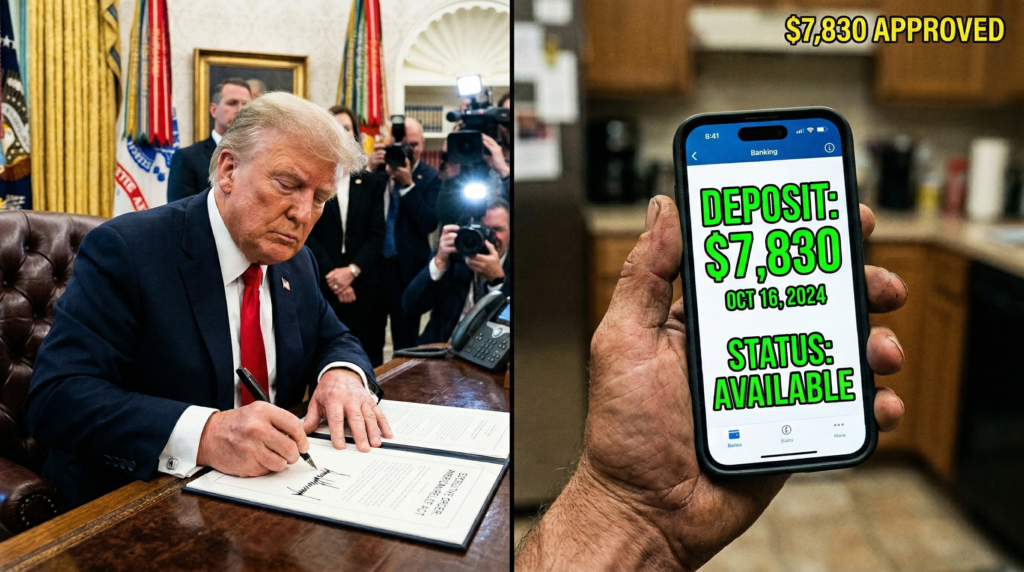 President Trump holding executive document regarding the $7,830 financial relief update.
