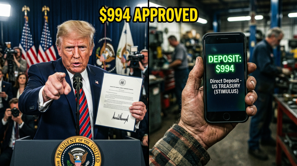 President Trump holding executive document regarding the $994 financial relief update.