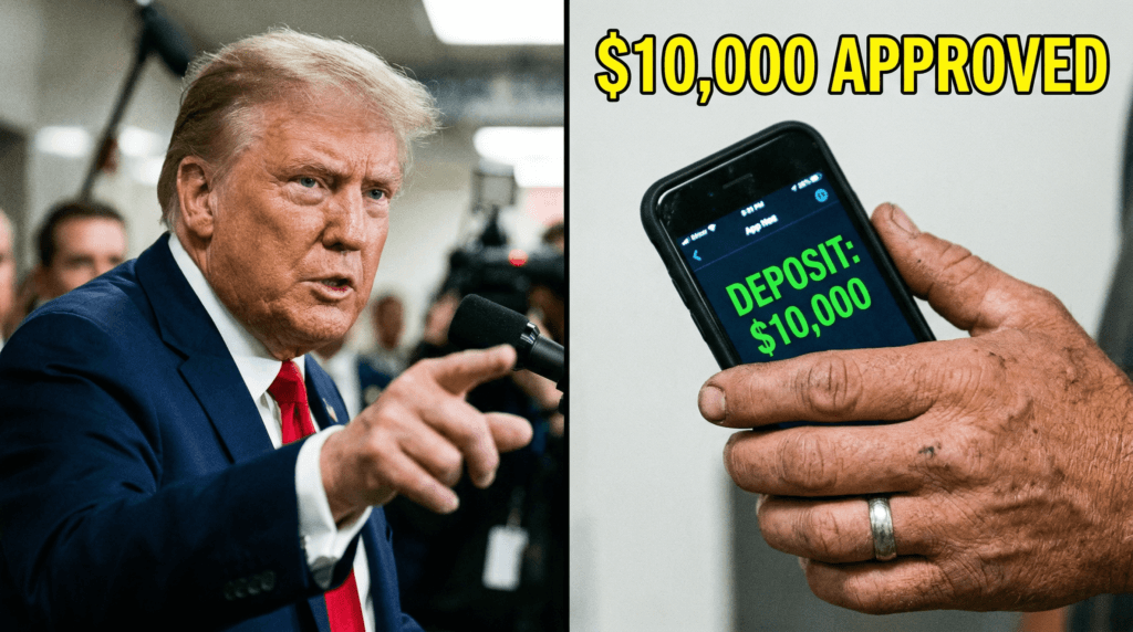 President Trump holding executive document regarding the $10,000 financial relief update for vehicle owners.