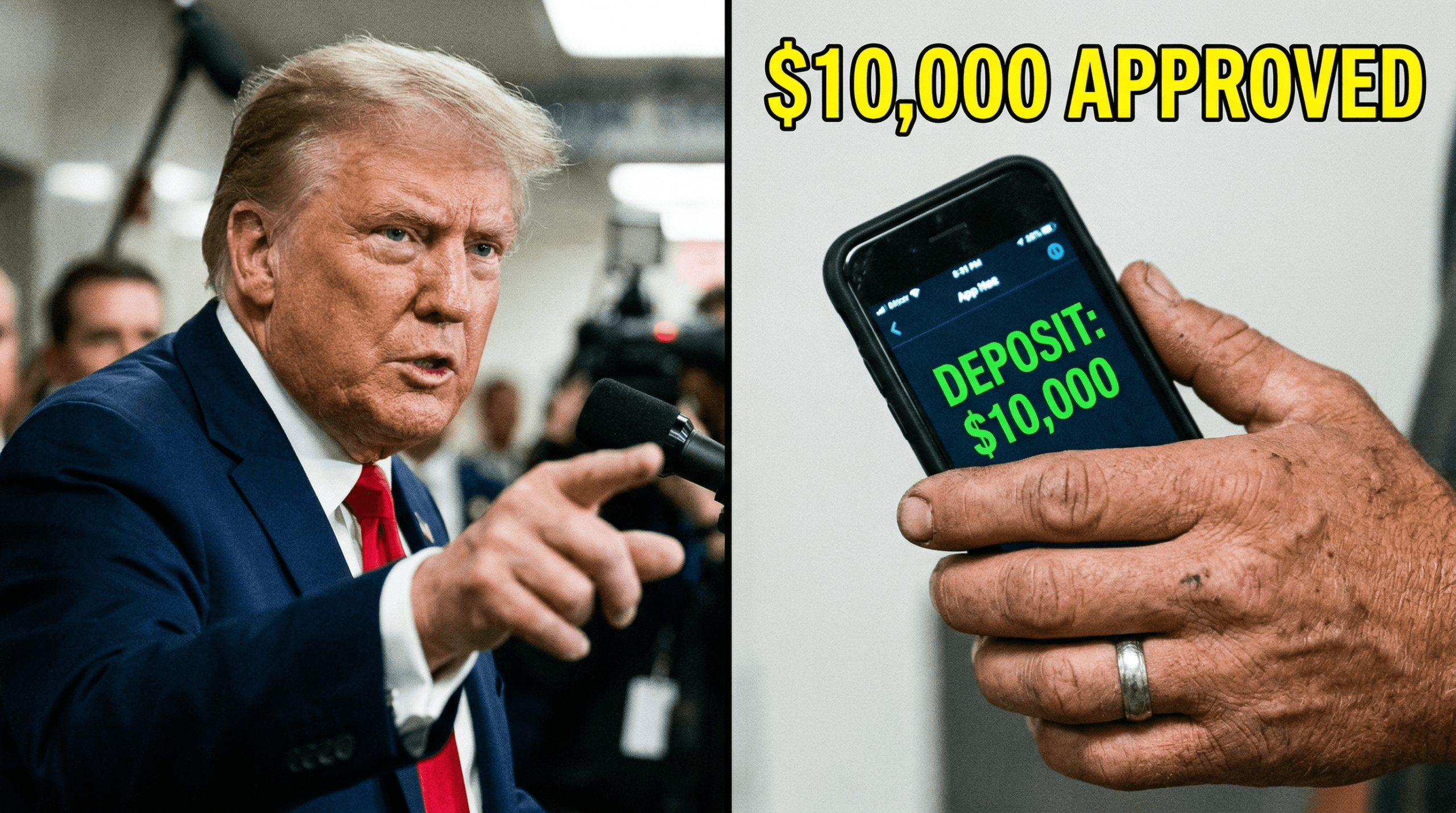 President Trump holding executive document regarding the $10,000 financial relief update for vehicle owners.
