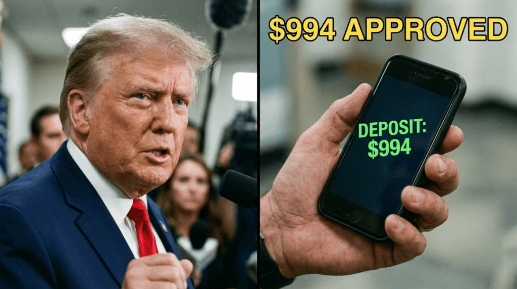 President Trump holding executive document regarding the $994 SSI financial relief update.