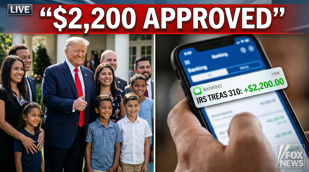 "President Trump signing the new $2,200 Child Tax Credit update surrounded by families."