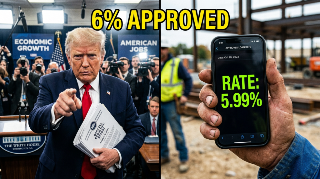 President Trump holding an economic policy document regarding the 6 percent mortgage rate update.
